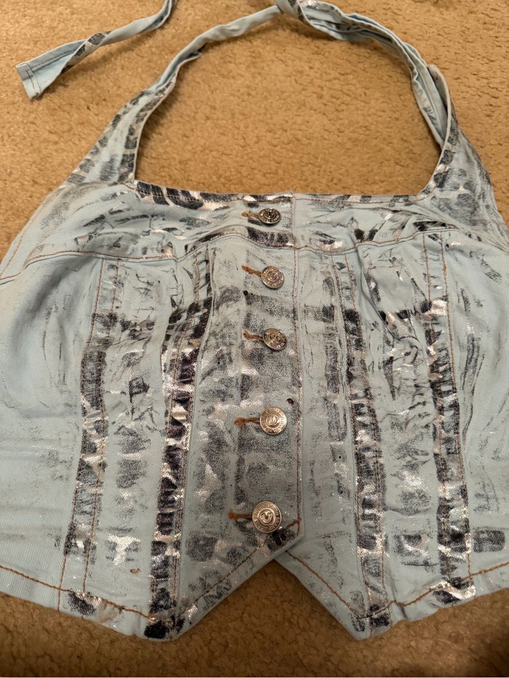 True Religion Light Blue Denim Halter Crop Top with Metallic Accents
